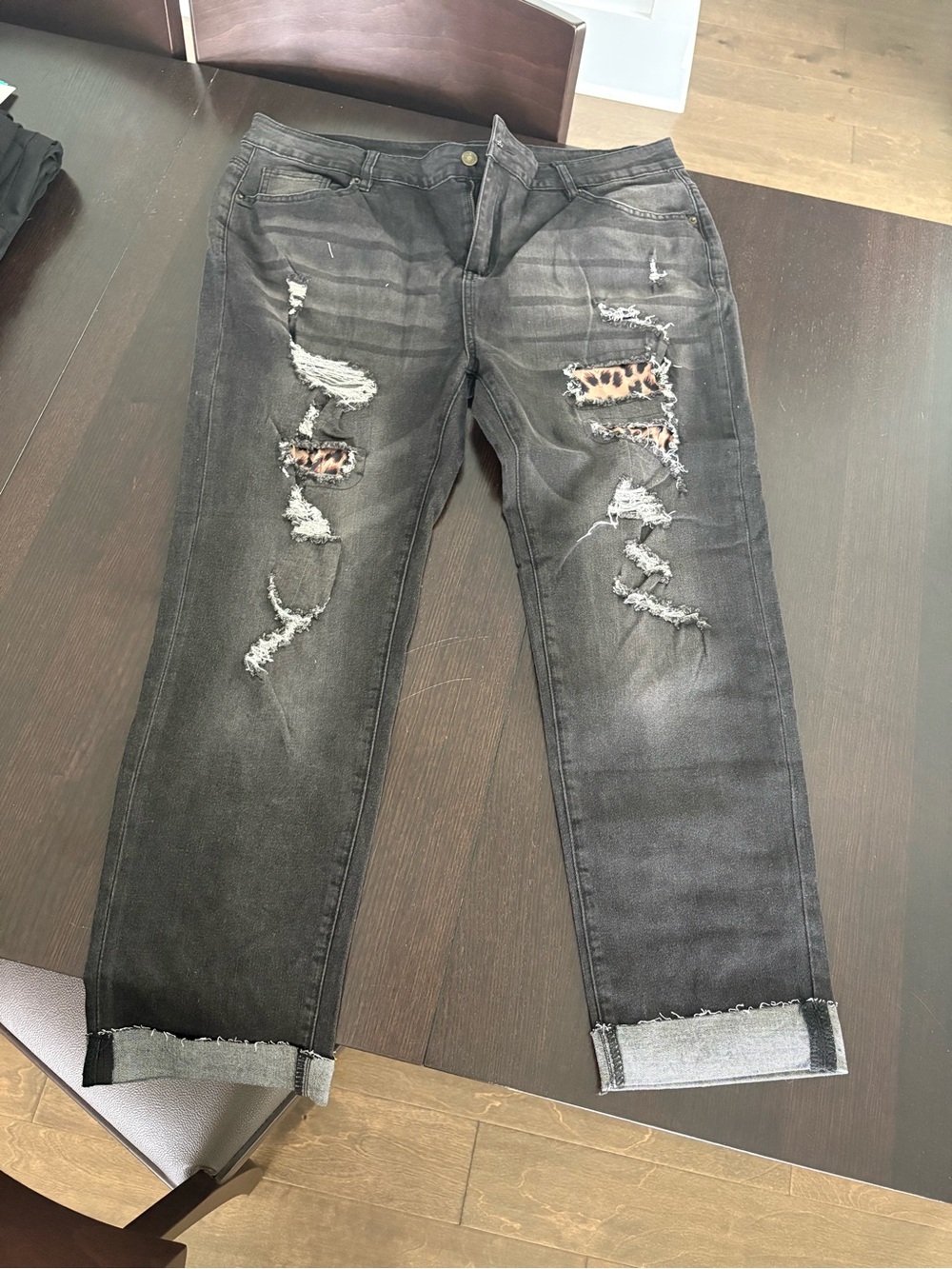 Women’s Distressed Black Jeans with Leopard Patch Detail 2XL